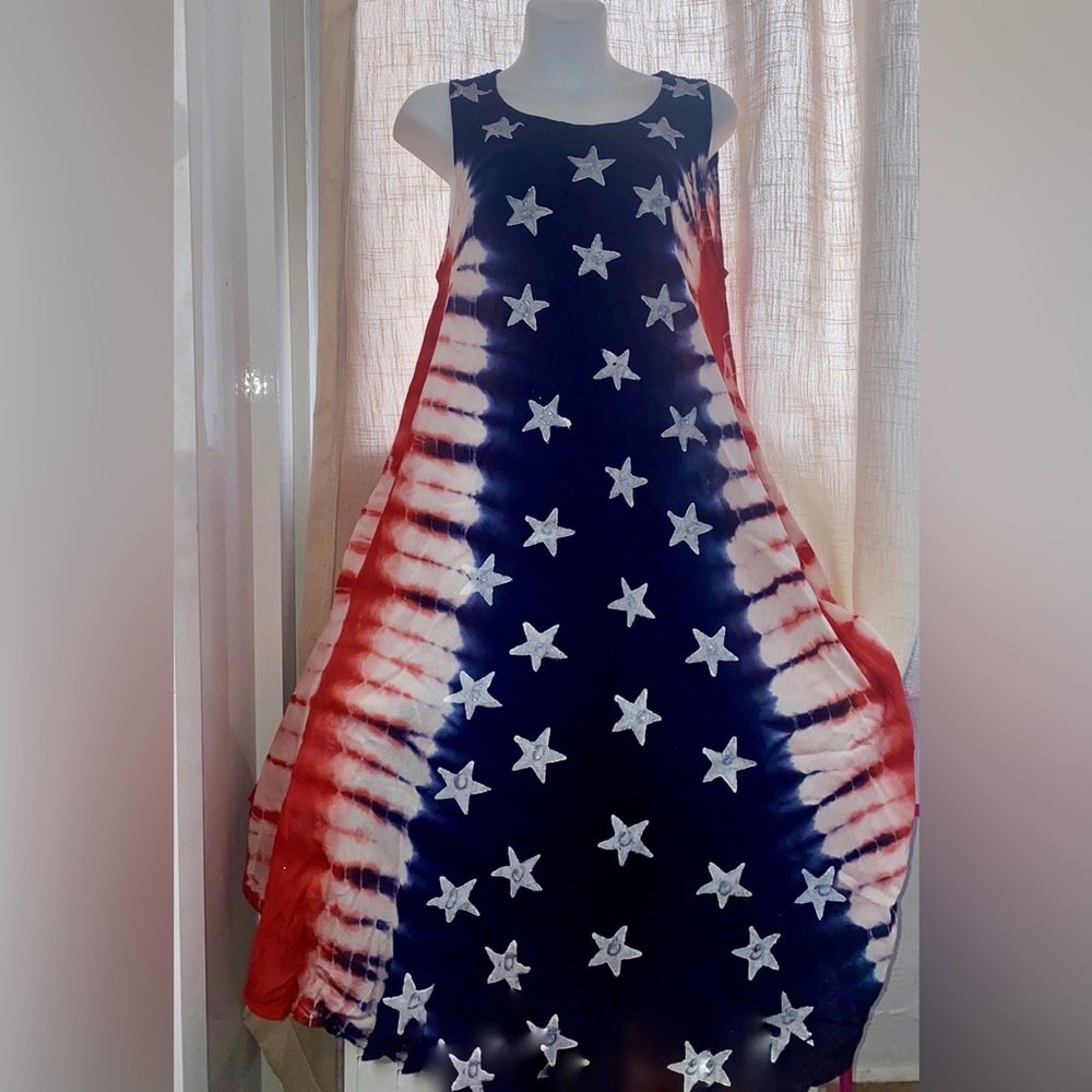 American flag 100% rayon, handcrafted tie dye in India summer dress cove… - Picture 3 of 17